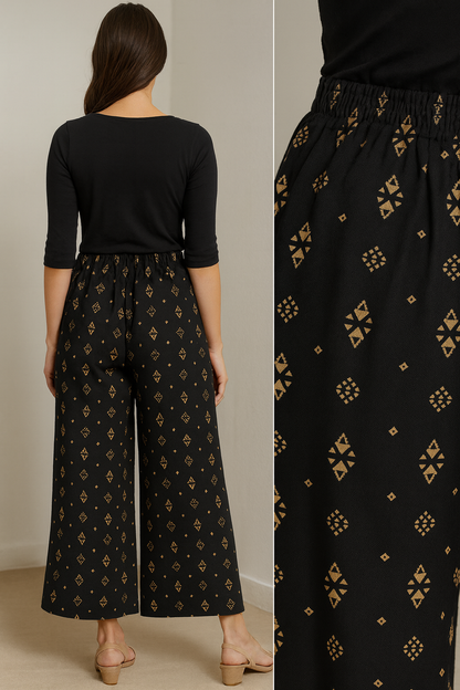 Black Ethnic Print Comfortable Rayon Palazzo for Women - 26284