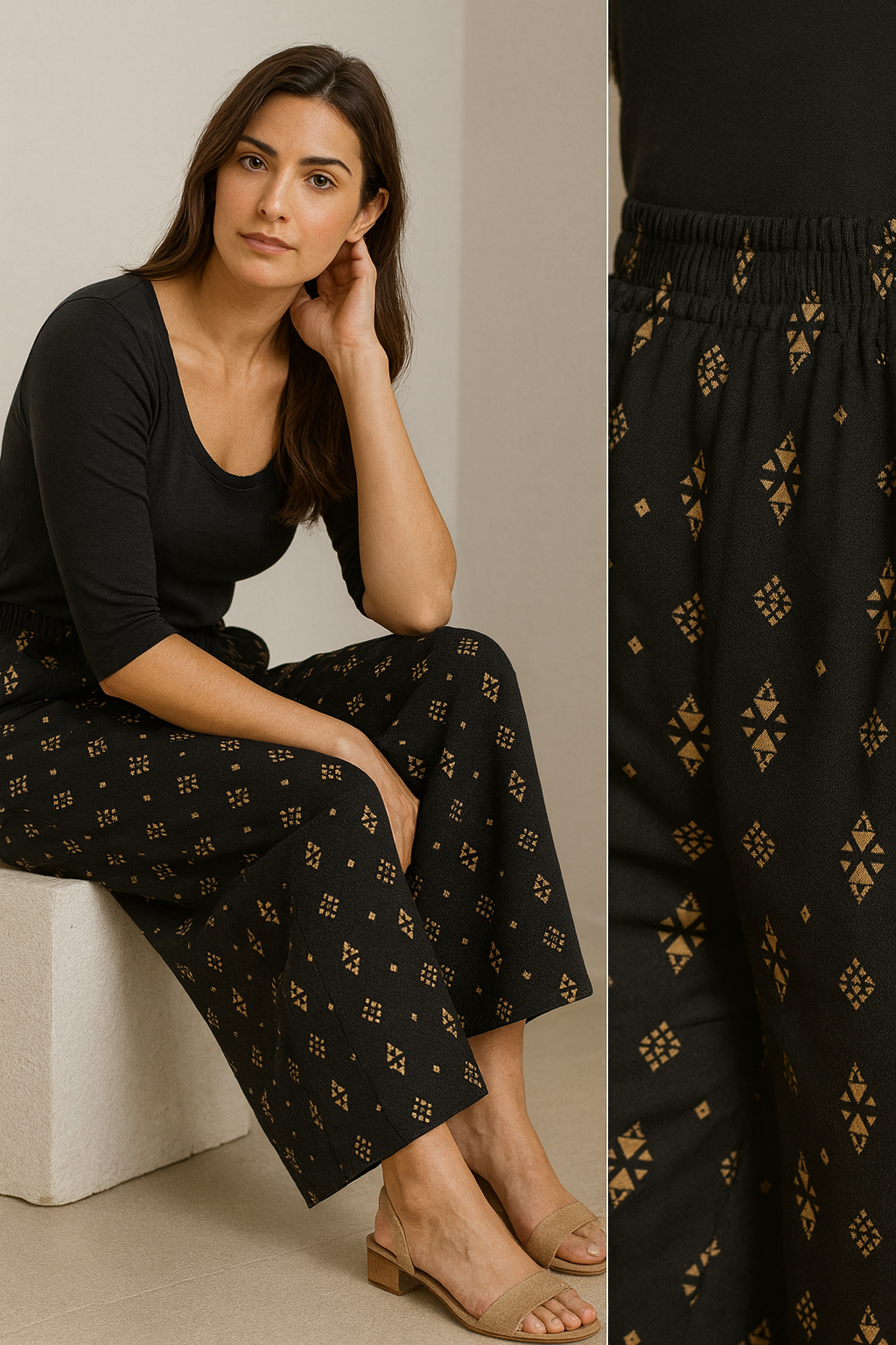 black ethnic print comfortable rayon palazzo for women - 26284