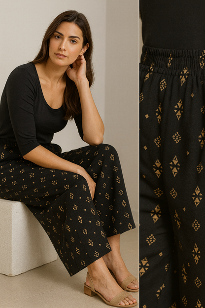 Black Ethnic Print Comfortable Rayon Palazzo for Women - 26284