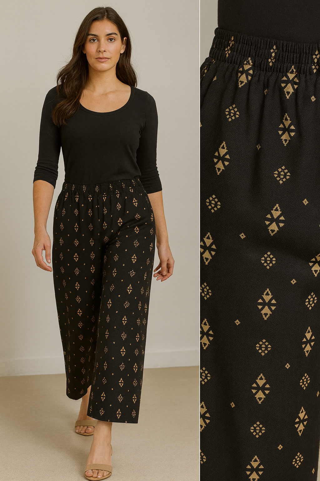 black ethnic print comfortable rayon palazzo for women - 26284