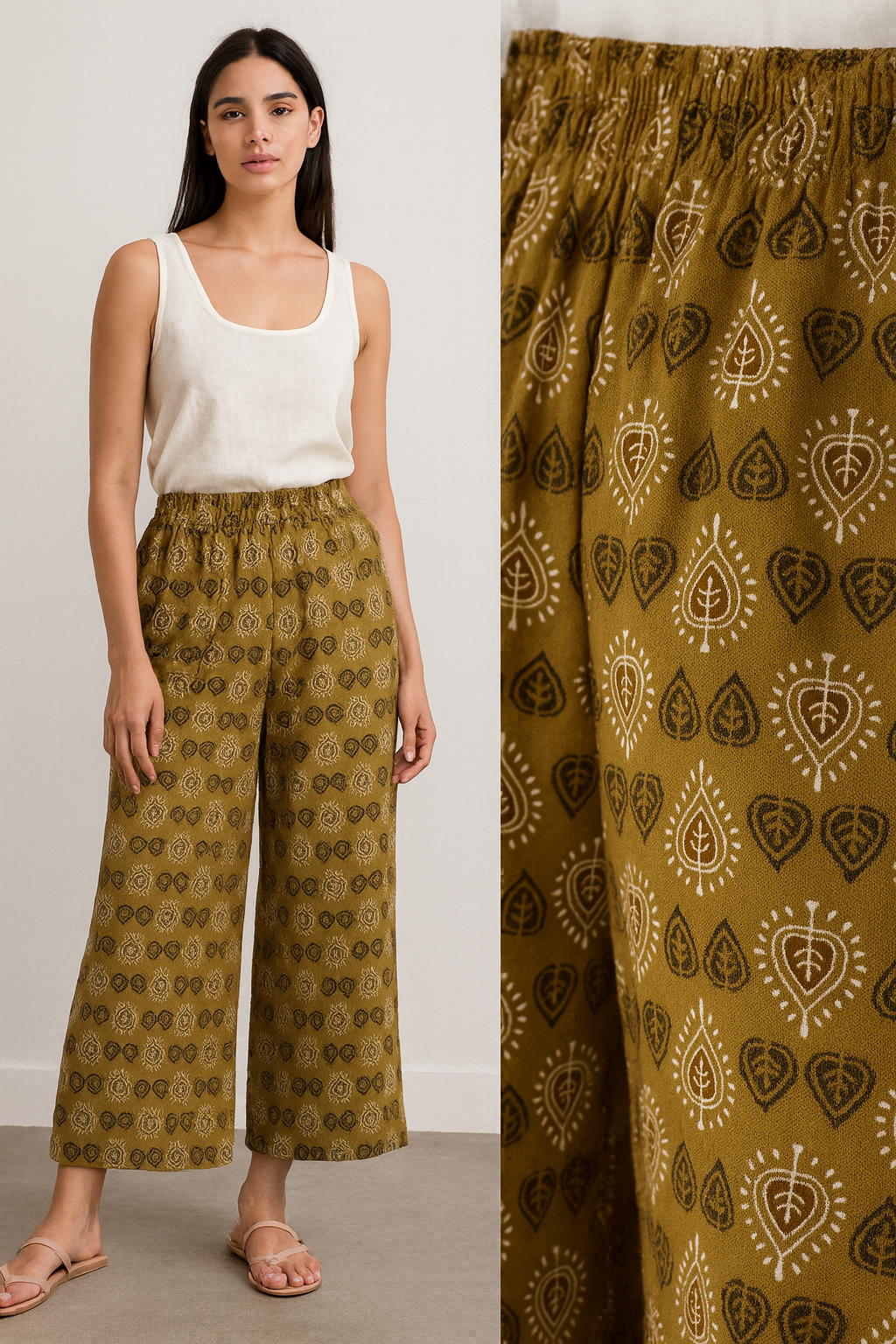 women’s mustard ethnic print cotton palazzo – 26289