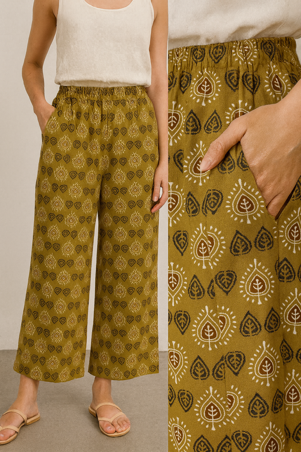 women’s mustard ethnic print cotton palazzo – 26289