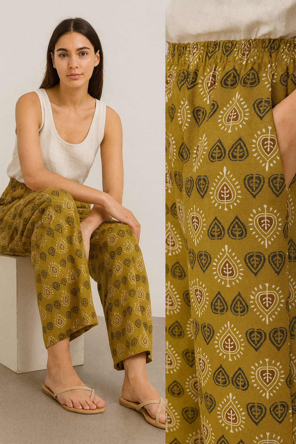 women’s mustard ethnic print cotton palazzo – 26289