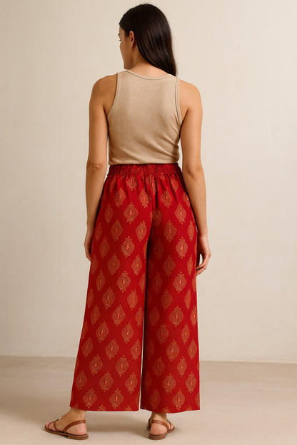 Women’s Red Ethnic Printed Cotton Palazzo with Elasticated Waist - 26290