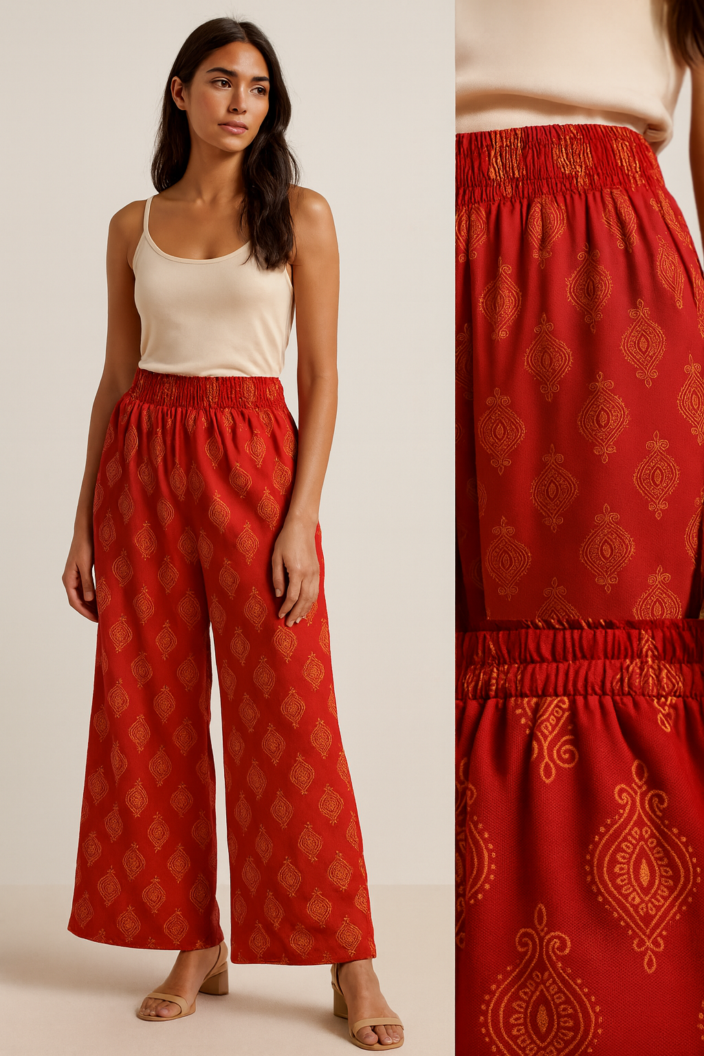 women’s red ethnic printed cotton palazzo with elasticated waist - 26290