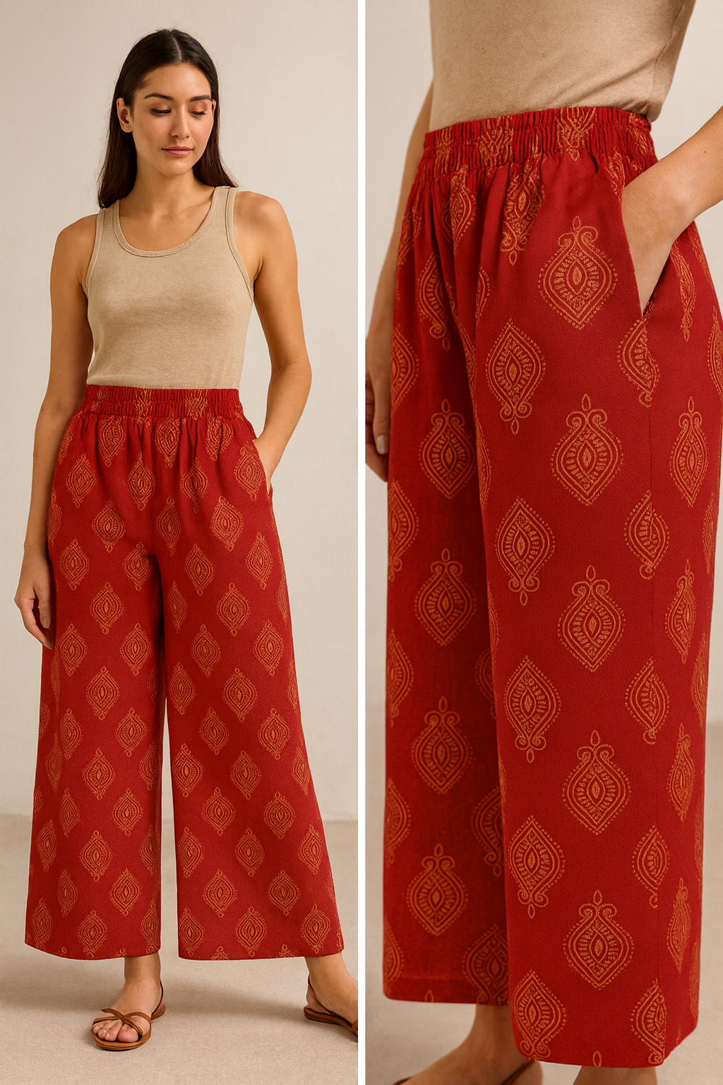 women’s red ethnic printed cotton palazzo with elasticated waist - 26290