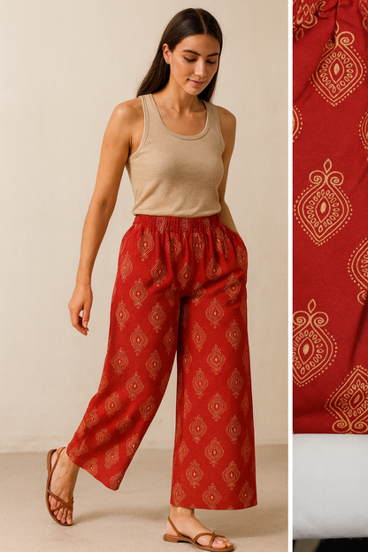 Women’s Red Ethnic Printed Cotton Palazzo with Elasticated Waist - 26290