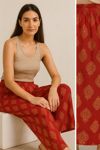 Women’s Red Ethnic Printed Cotton Palazzo with Elasticated Waist - 26290