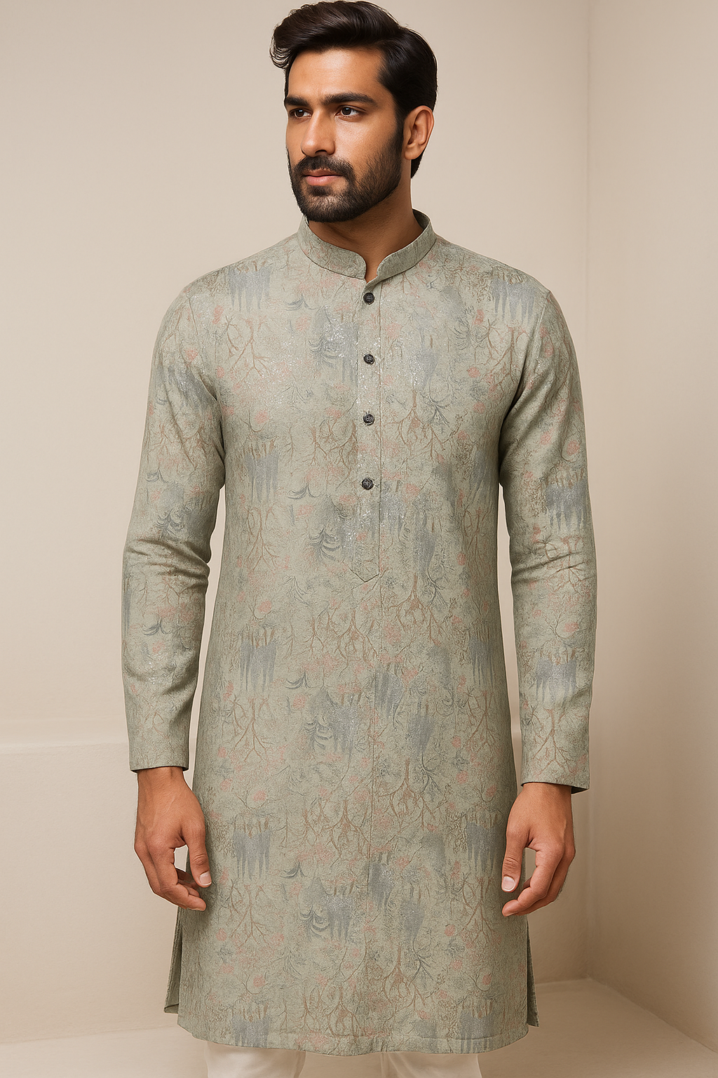 men’s elegant sage green sequence stone work kurta by rocck’z - 26399