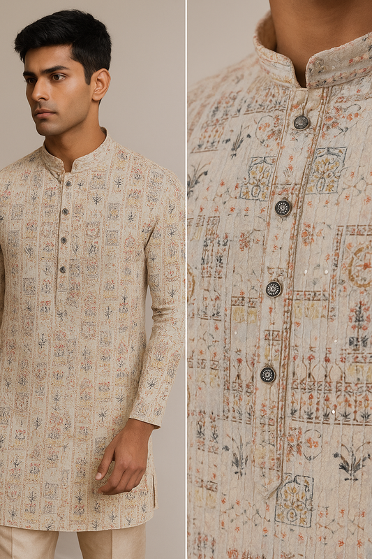 Cream Multi-Thread Sequence Stone Work Kurta - 26405