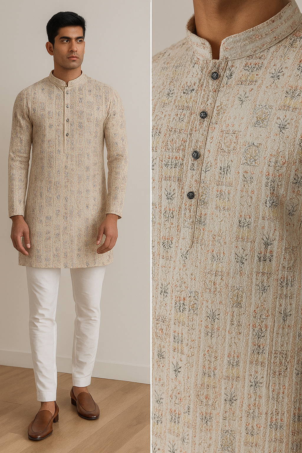 cream multi-thread sequence stone work kurta - 26405