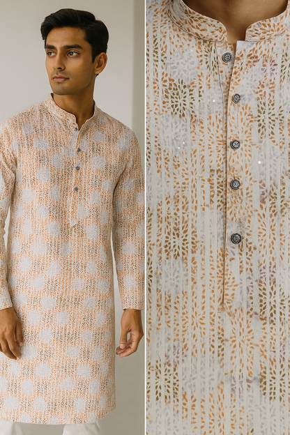Men’s Elegant Pastel Orange & White Sequin Work Printed Cotton Kurta - 26408