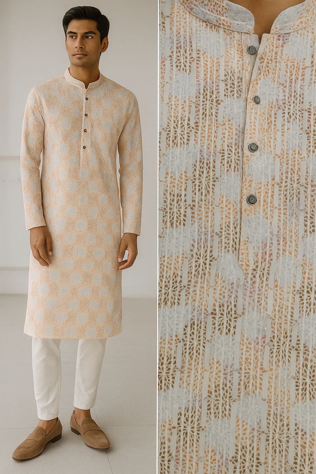 men’s elegant pastel orange & white sequin work printed cotton kurta - 26408