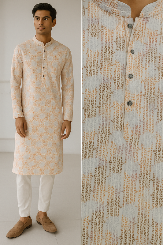 Men’s Elegant Pastel Orange & White Sequin Work Printed Cotton Kurta - 26408
