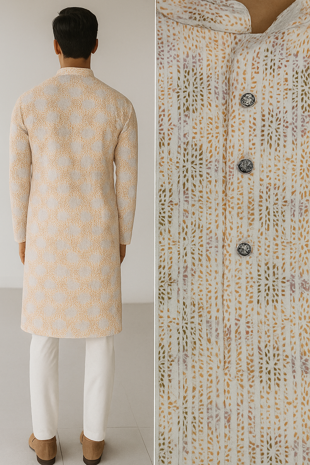 men’s elegant pastel orange & white sequin work printed cotton kurta - 26408
