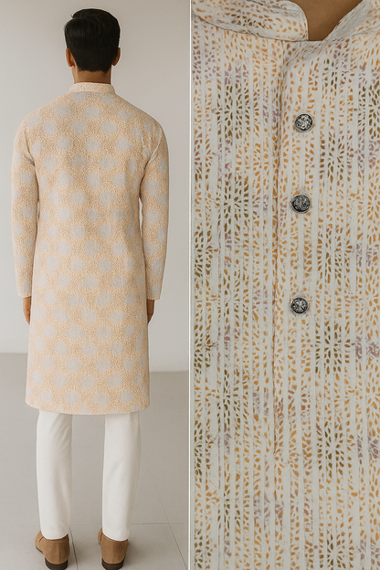 Men’s Elegant Pastel Orange & White Sequin Work Printed Cotton Kurta - 26408