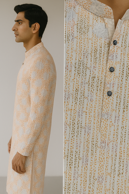 Men’s Elegant Pastel Orange & White Sequin Work Printed Cotton Kurta - 26408