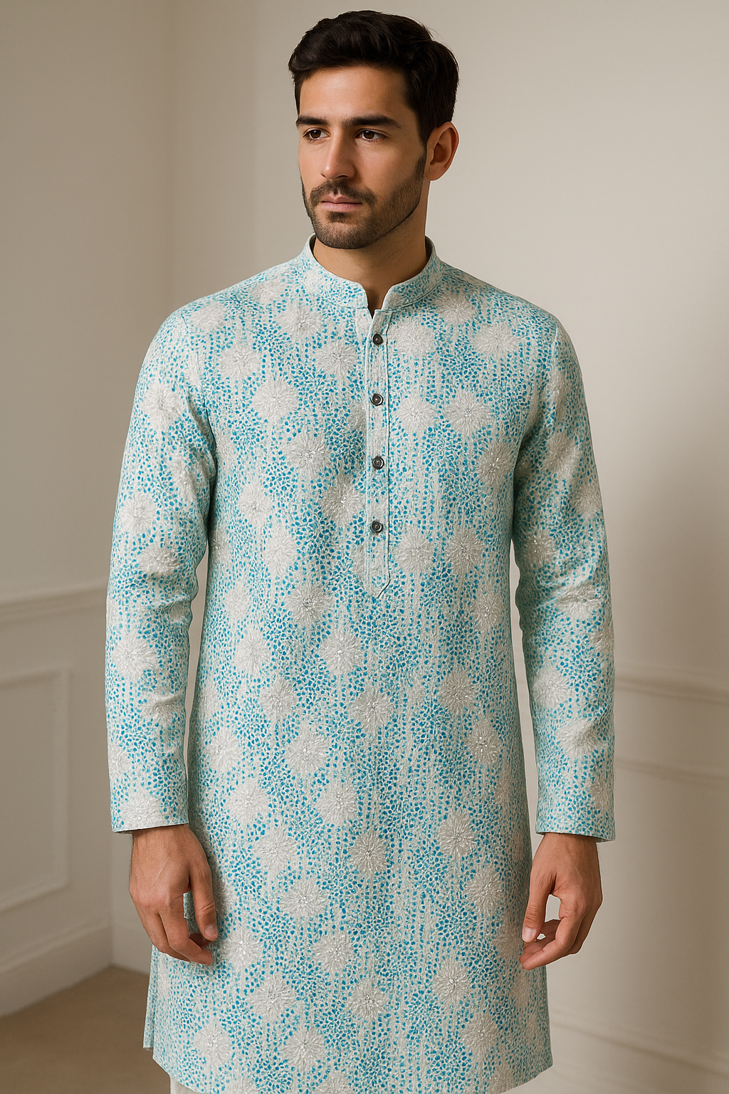 aqua blue & white embroidered sequin work cotton kurta for men - 26409