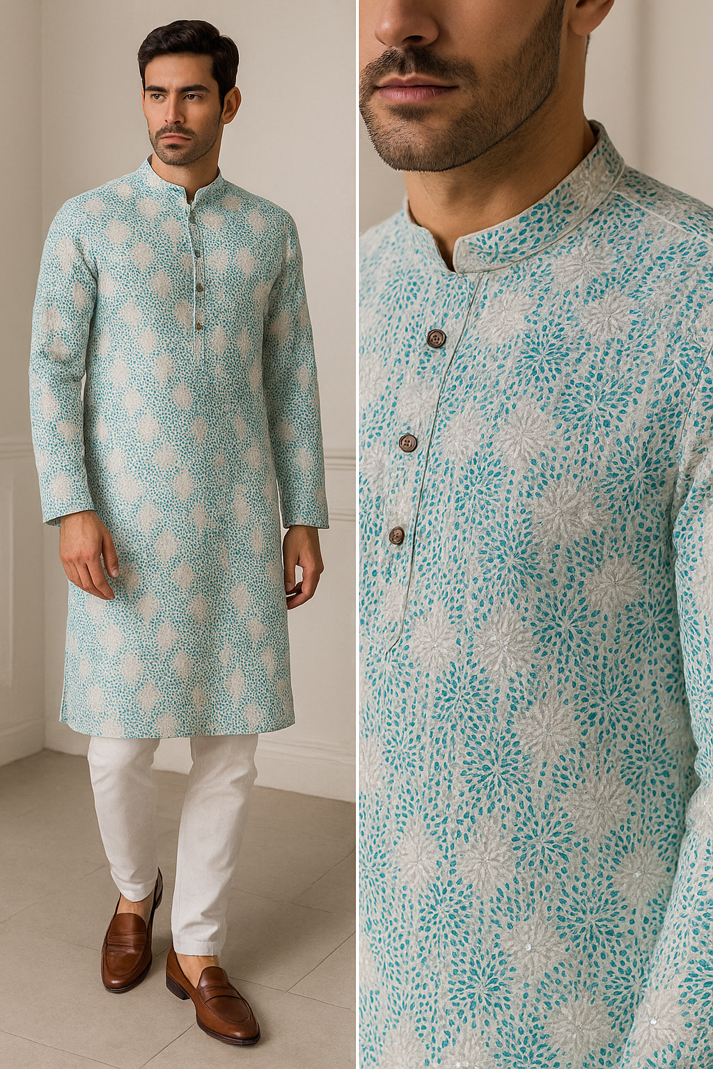 aqua blue & white embroidered sequin work cotton kurta for men - 26409