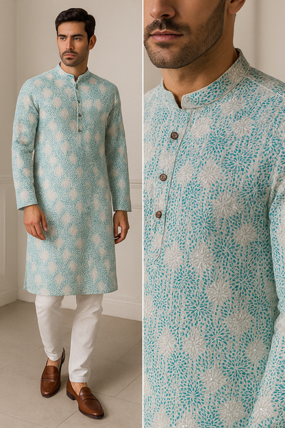 Aqua Blue & White Embroidered Sequin Work Cotton Kurta for Men - 26409