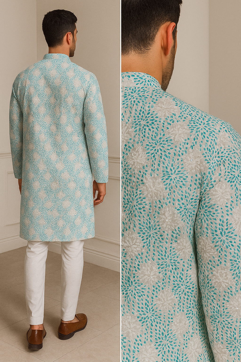 aqua blue & white embroidered sequin work cotton kurta for men - 26409