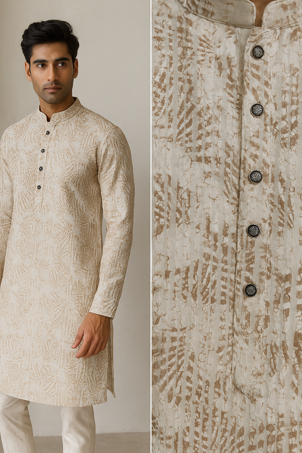 beige sequin embroidered textured kurta - 26410