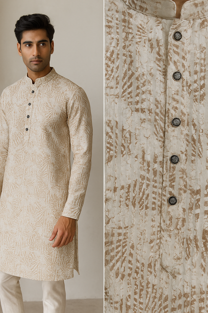 Beige Sequin Embroidered Textured Kurta - 26410