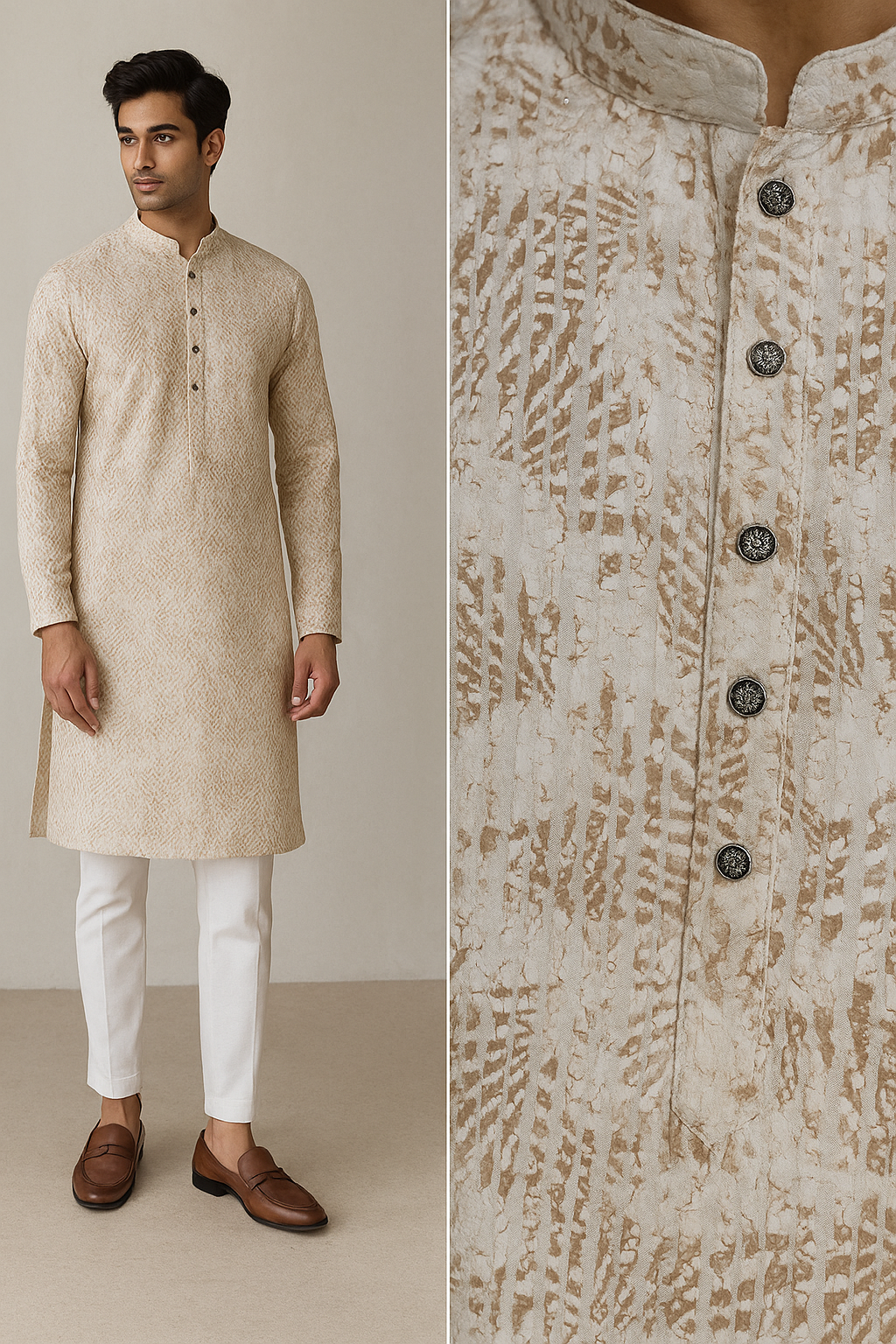 beige sequin embroidered textured kurta - 26410
