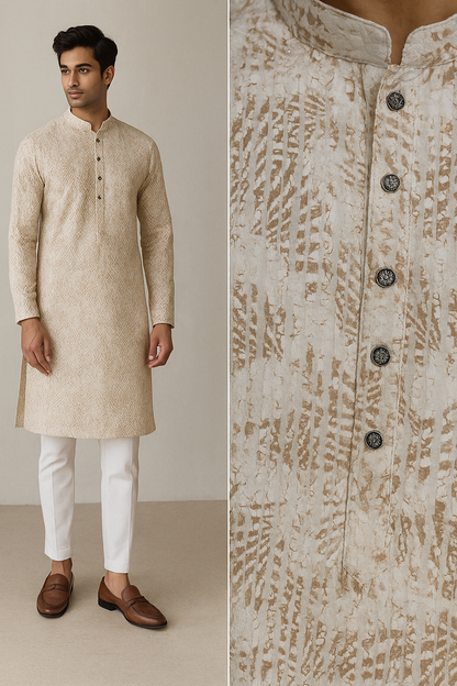 Beige Sequin Embroidered Textured Kurta - 26410