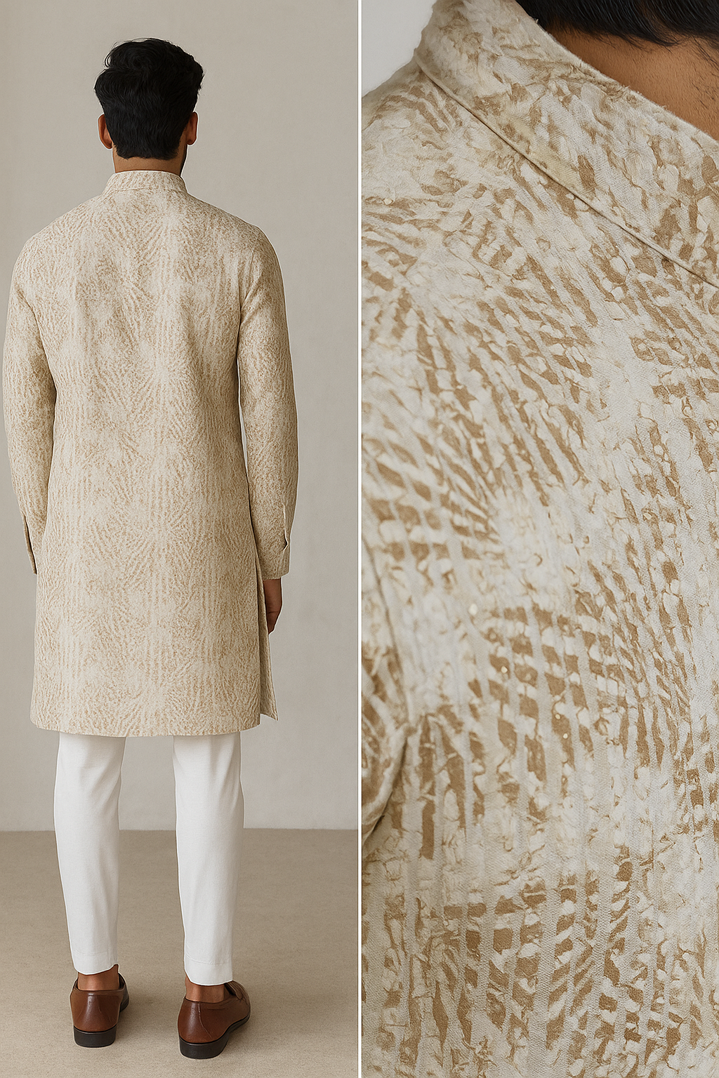 beige sequin embroidered textured kurta - 26410