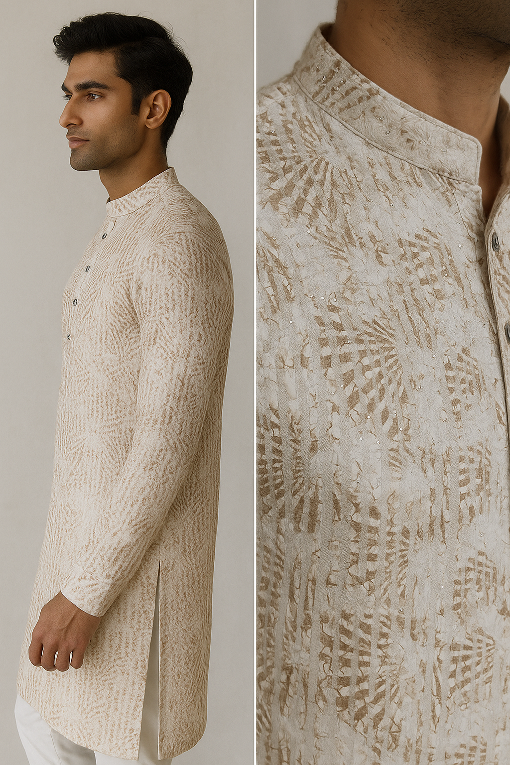 beige sequin embroidered textured kurta - 26410