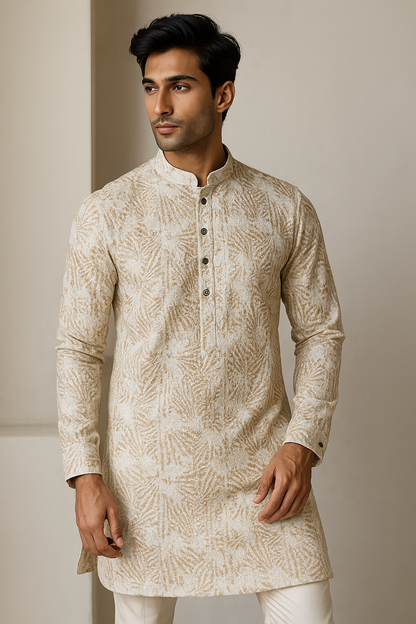 Beige Sequin Embroidered Textured Kurta - 26410