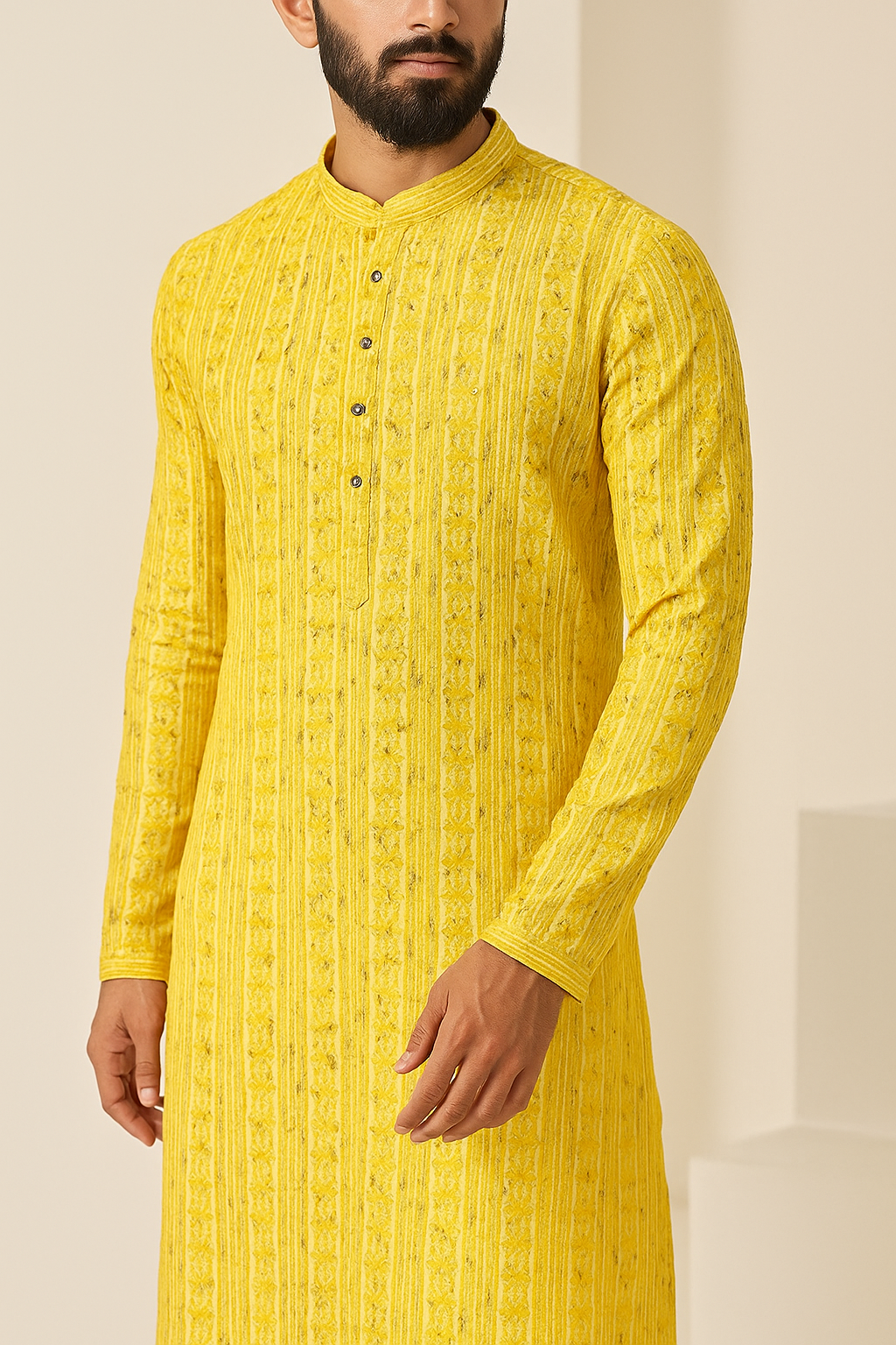 mustard yellow sequin & thread embroidered long kurta - 26413