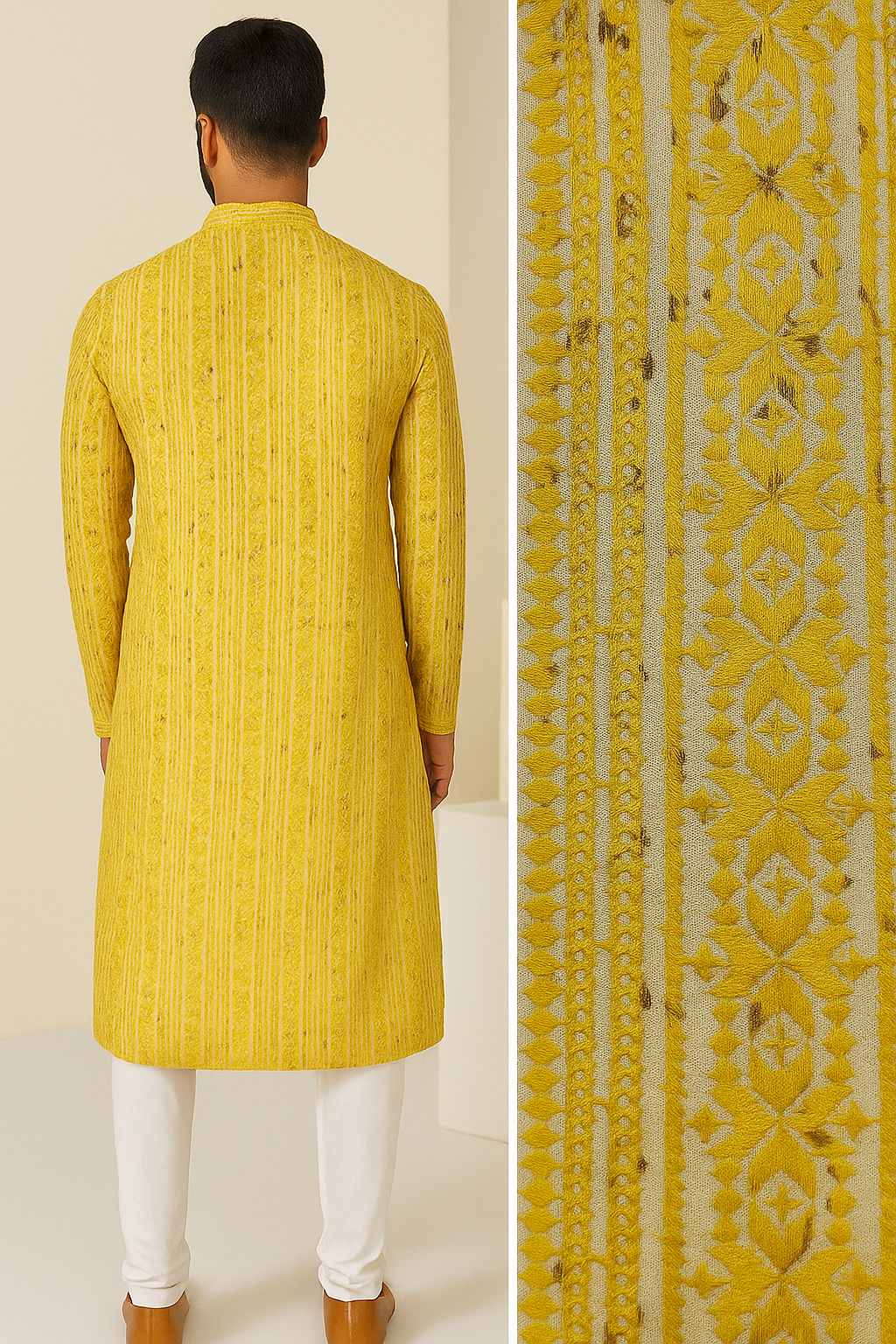 mustard yellow sequin & thread embroidered long kurta - 26413