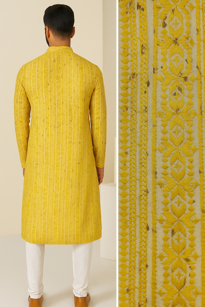 Mustard Yellow Sequin & Thread Embroidered Long Kurta - 26413