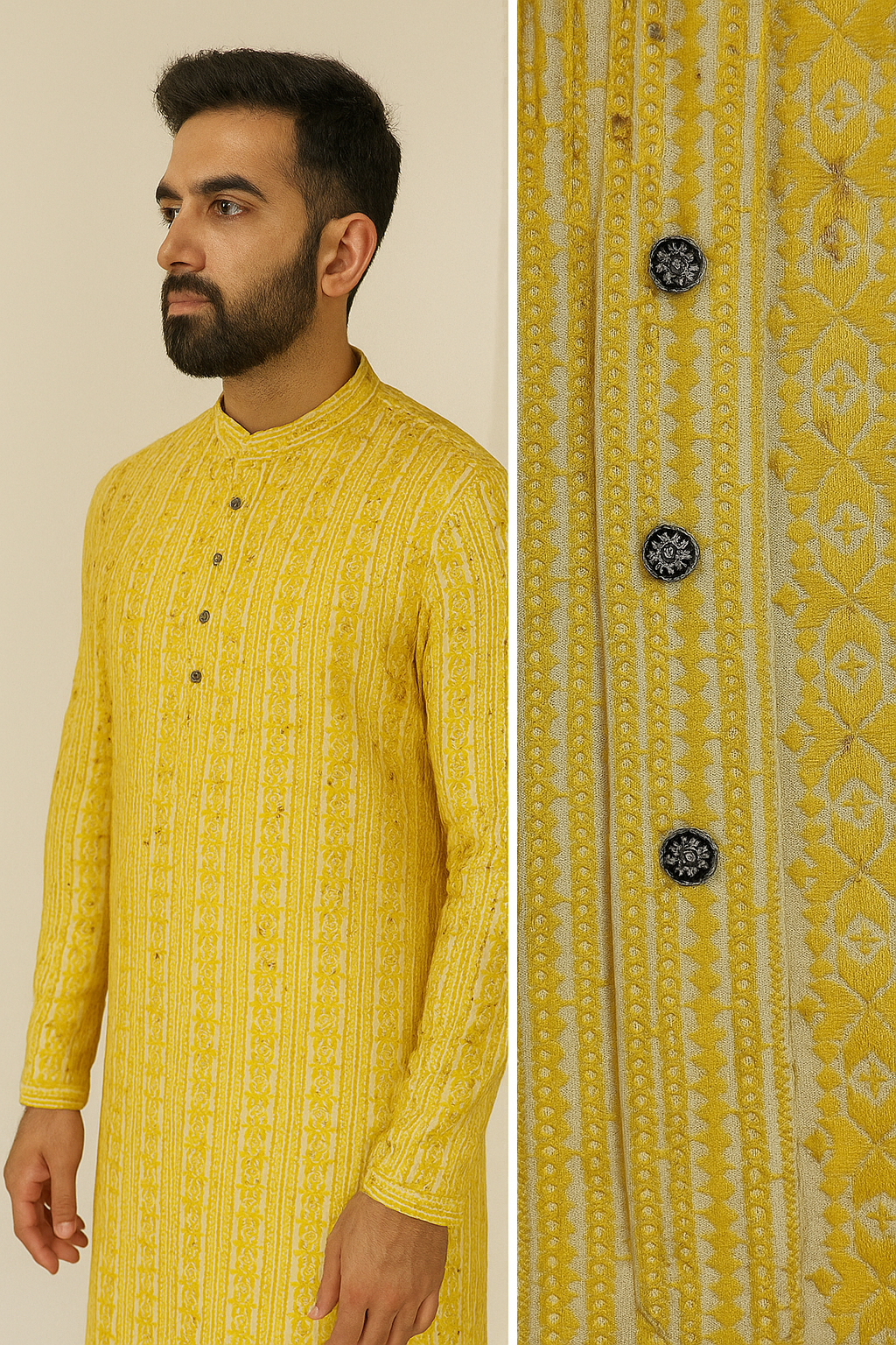 mustard yellow sequin & thread embroidered long kurta - 26413