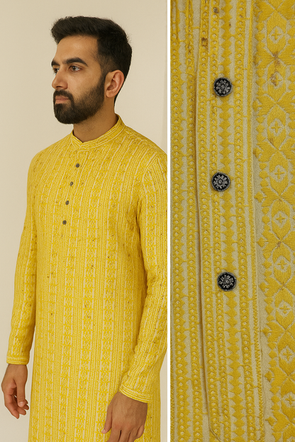 Mustard Yellow Sequin & Thread Embroidered Long Kurta - 26413