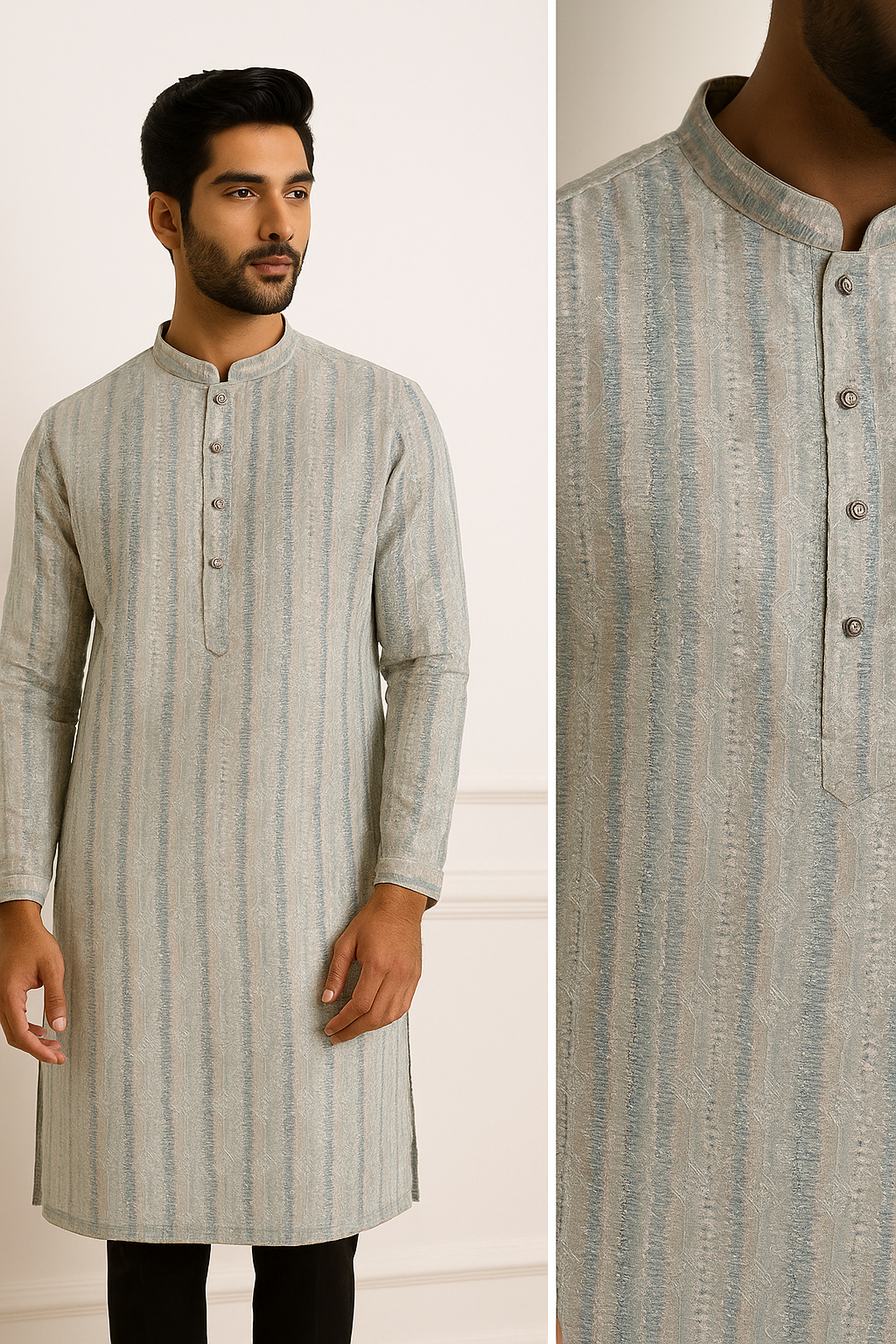 pastel blue sequence stone work textured cotton blend knee-length kurta for men - 26415