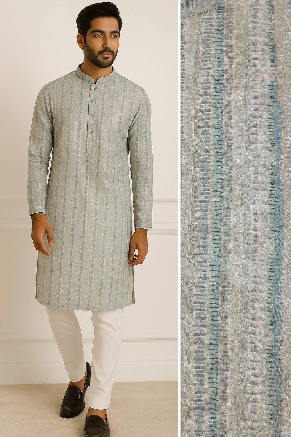 pastel blue sequence stone work textured cotton blend knee-length kurta for men - 26415