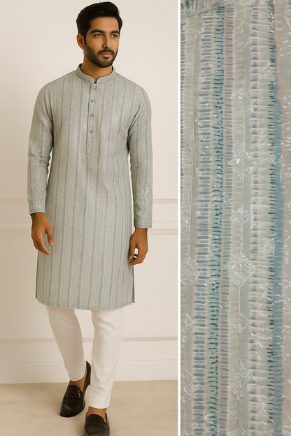 Pastel Blue Sequence Stone Work Textured Cotton Blend Knee-Length Kurta for Men - 26415
