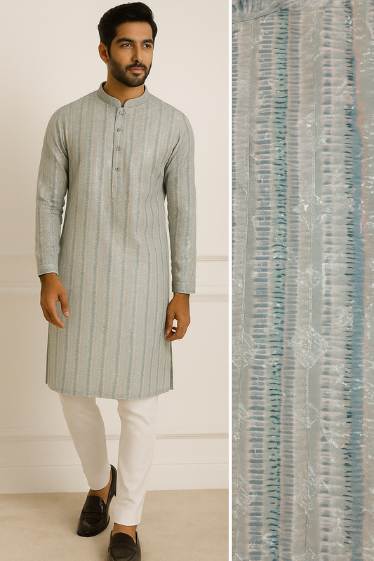Pastel Blue Sequence Stone Work Textured Cotton Blend Knee-Length Kurta for Men - 26415