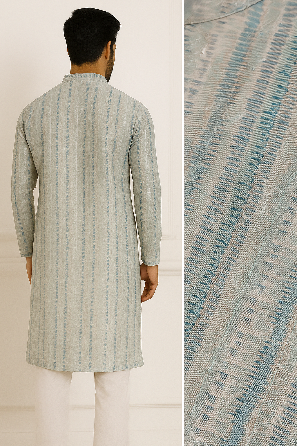 pastel blue sequence stone work textured cotton blend knee-length kurta for men - 26415