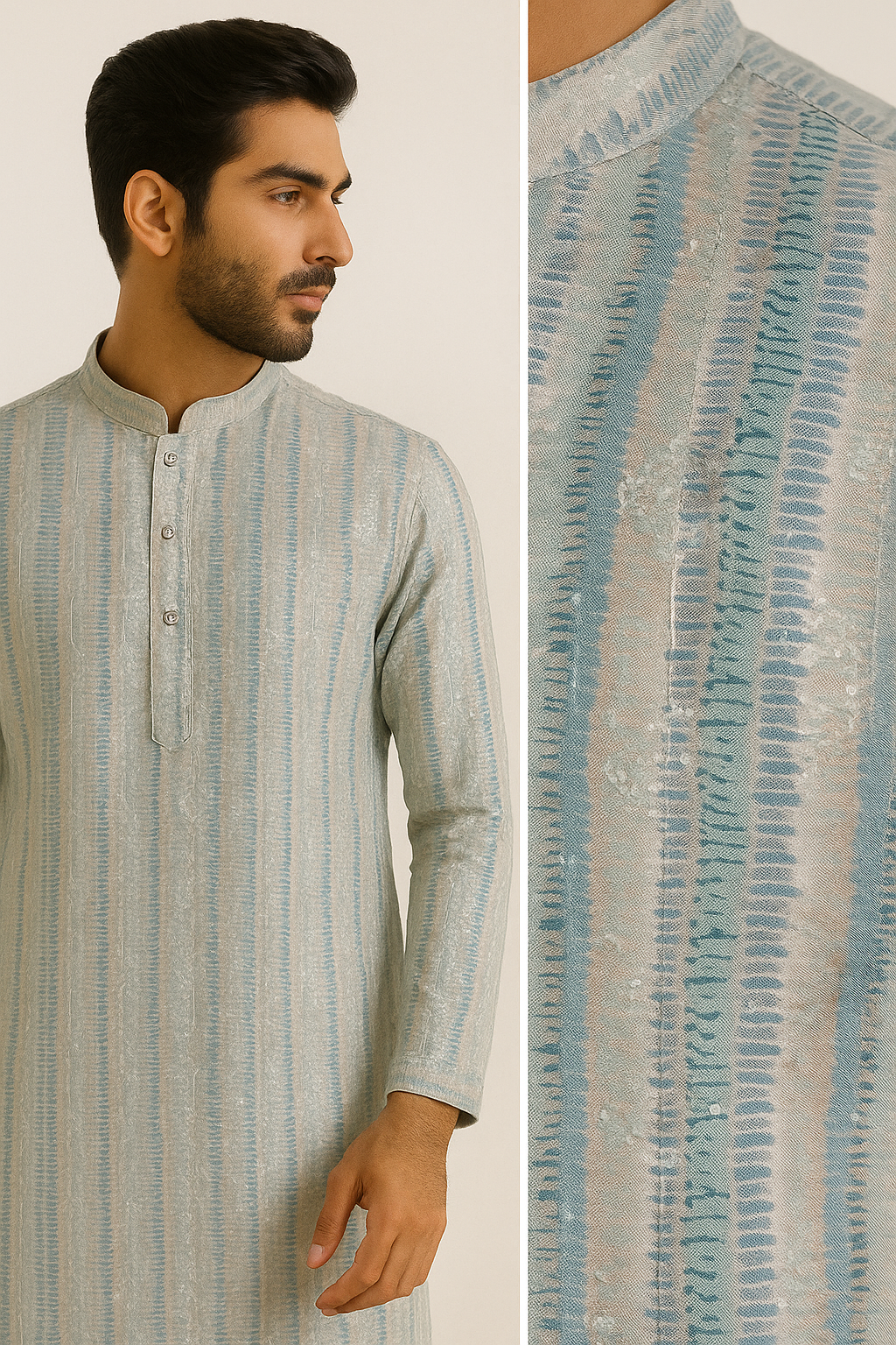 pastel blue sequence stone work textured cotton blend knee-length kurta for men - 26415