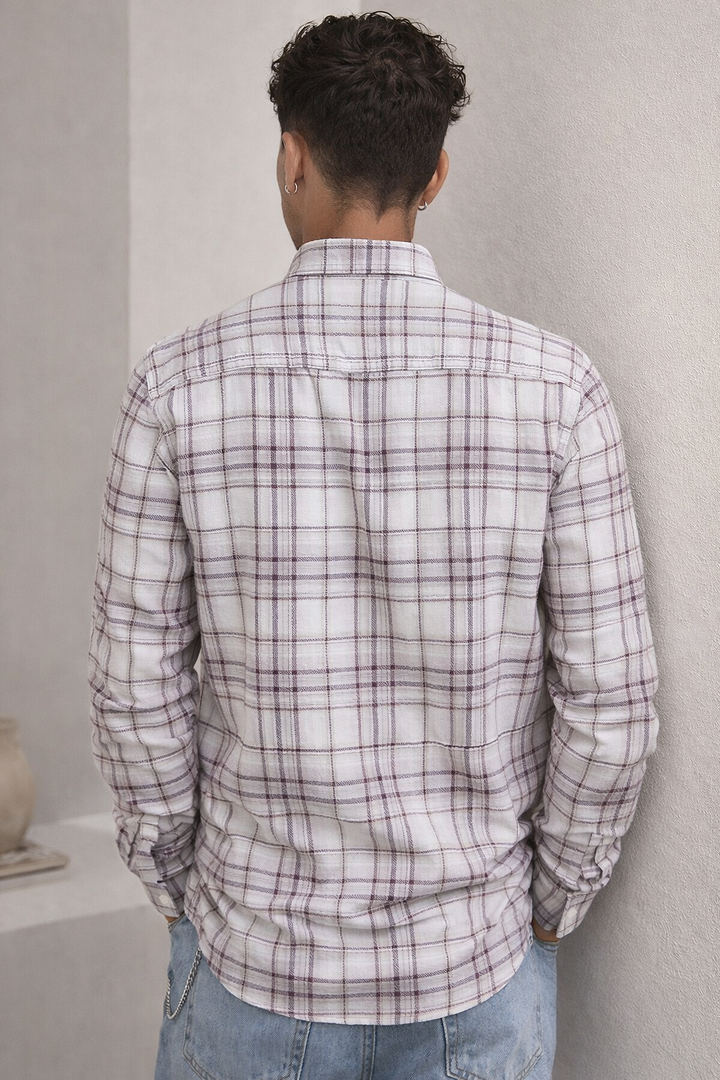 Burgundy & Ash Textured Grid Cotton Shirt - 26224
