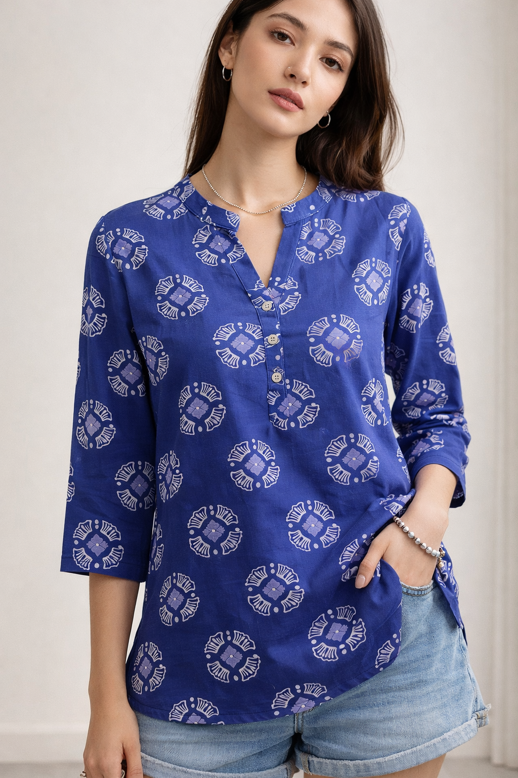 Women’s Indigo Blue Printed Cotton Kurti - 26008