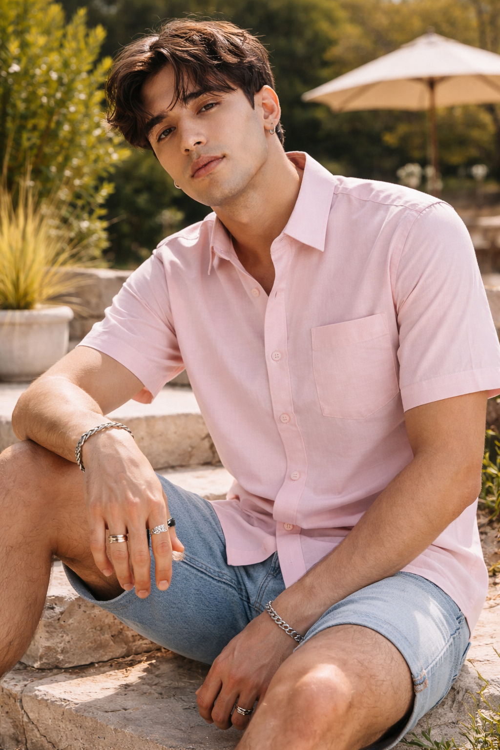 Men's Light Pink Semi-Formal Cotton Shirt - 21