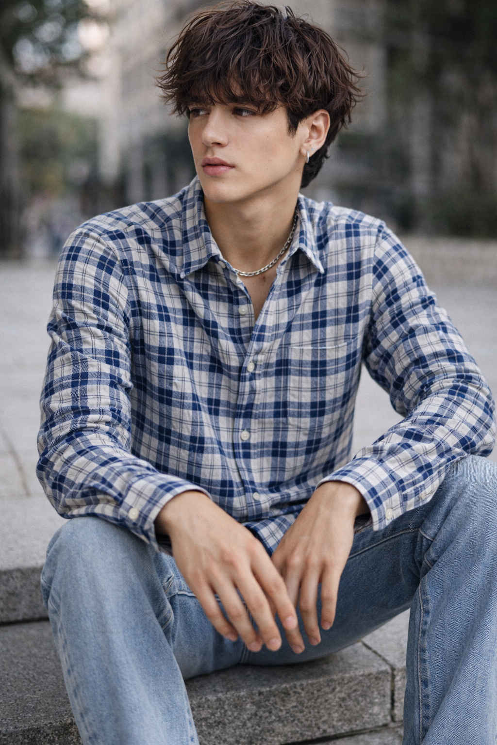 Graphite & Navy Textured Dobby Check Cotton Shirt - 26316