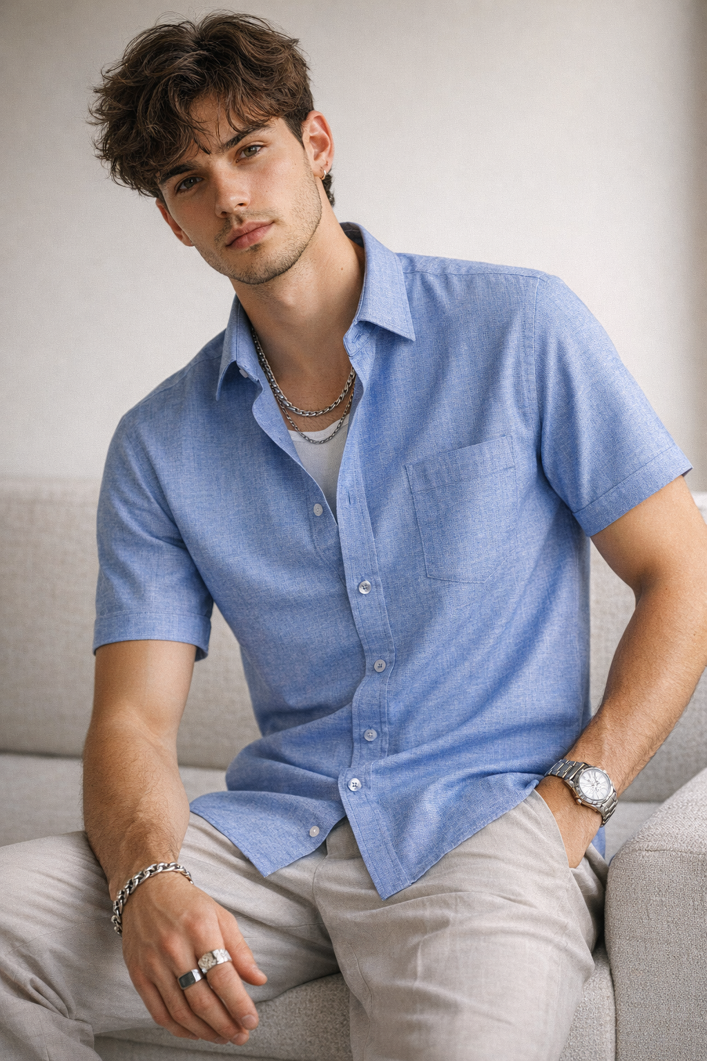 Men's Blue Micro-Textured Cotton Blend - 98