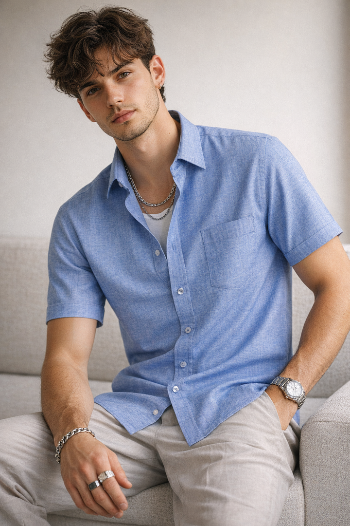 Men's Blue Micro-Textured Cotton Blend - 98
