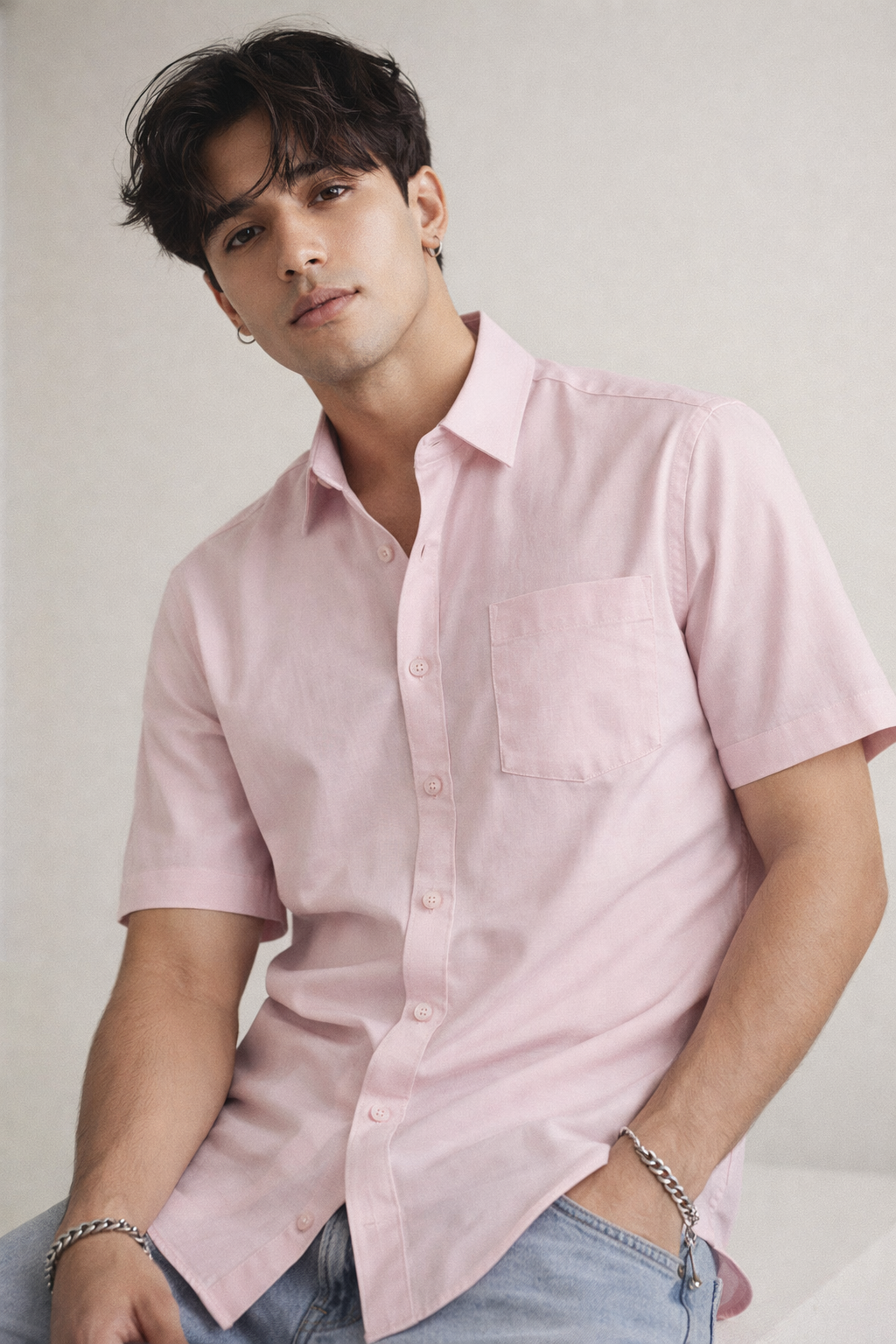 Men's Light Pink Semi-Formal Cotton Shirt - 21